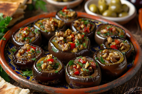 Beautifully arranged plate of makdous with stuffed eggplants filled with walnuts, garlic, and red pepper