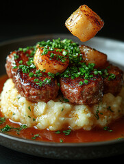 Delicious Scallops and Meatballs with Mashed Potatoes and Gravy