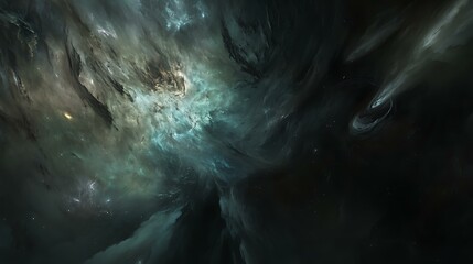 A stunning abstract depiction of the cosmos, filled with swirling clouds of gas, bright nebulae, and distant galaxies glowing in the darkness of space