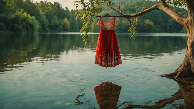 serene forest with peaceful lake at its heart, an old tree standing by the water's edge. striking red one-piece dress hangs gracefully on a branch, creating a picturesque scene for an advertisement.