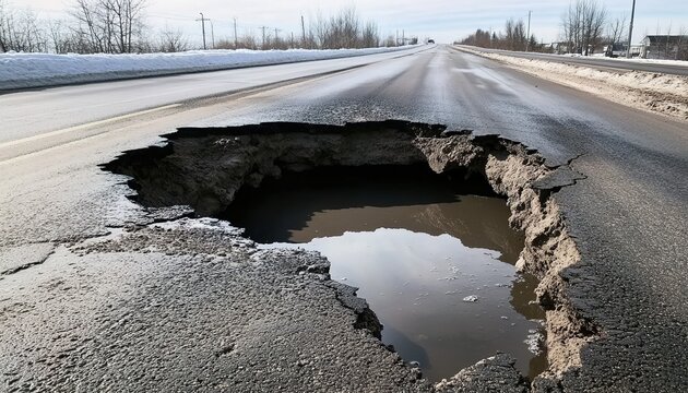 The asphalt road was damaged by the pothole, which created an open pit on one side of it.