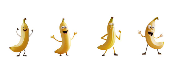 Set of cute banana cartoon characters on white background.