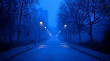 Foggy Street at Dusk with Silhouetted Trees and Streetlights