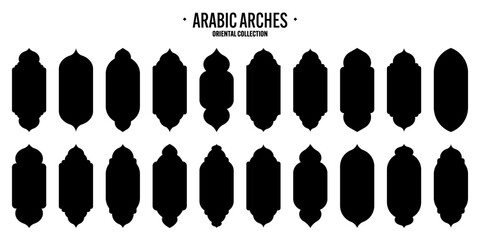 Islamic frames, oriental style objects. Arabic shapes, windows and arches. Traditional ornamental banner, frame. Muslim holidays, Ramadan Kareem. Modern eastern architecture. Vector illustration