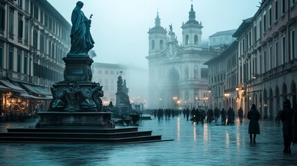 Fototapeta premium Foggy Morning in an Italian City Square with a Statue and Church