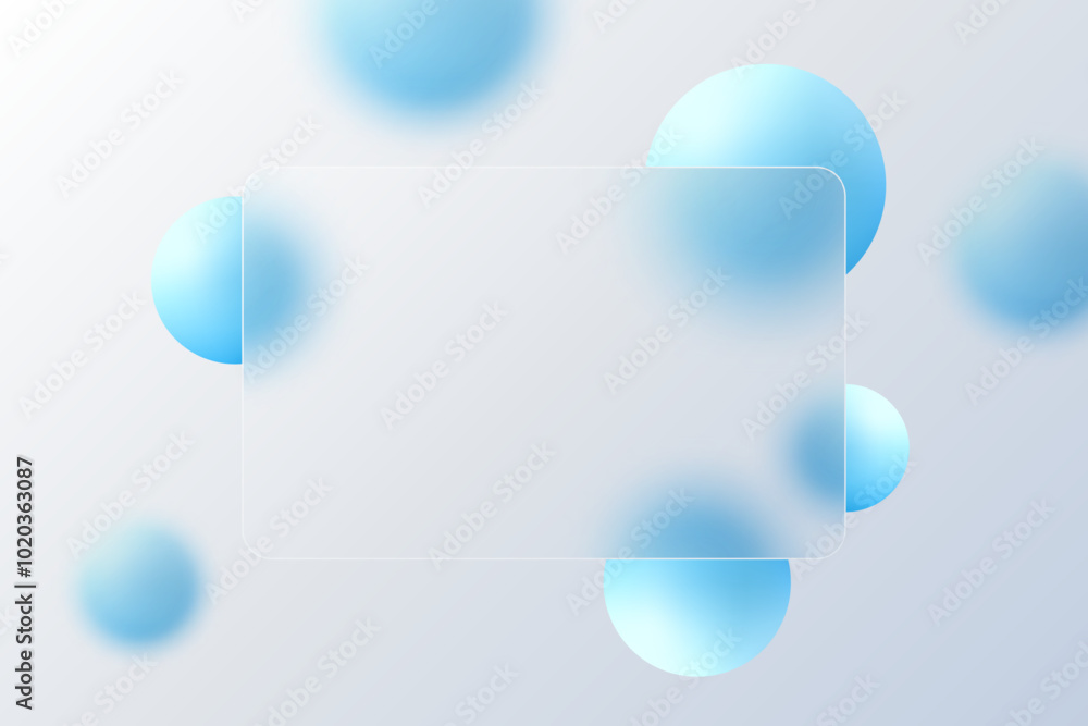 Poster glass morphism website landing page template. frosted glass partition with floating blue spheres.