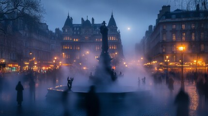 Fototapeta premium Parisian Fountain at Dusk in a Mystifying Fog