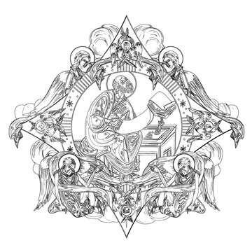 recommend clip art: John the Apostle. Religious dome with apostles and angels in sky. Coloring page in Byzantine style