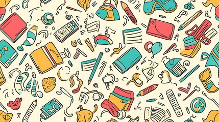 A colorful, seamless doodle pattern with various school-related items, including backpacks, books, and pencils, mixed with creative shapes and symbols on a light background.