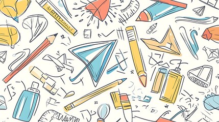 A hand-drawn seamless doodle pattern with school supplies and educational icons, including rulers, paper planes, and crayons, all interconnected in a fun and creative layout.