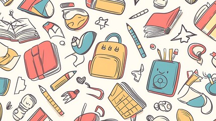A colorful, seamless doodle pattern with various school-related items, including backpacks, books, and pencils, mixed with creative shapes and symbols on a light background.