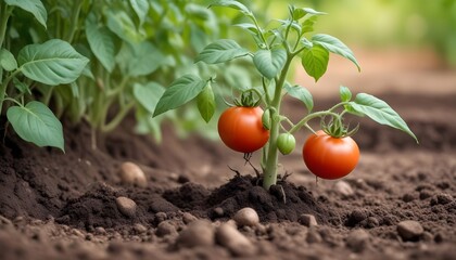 Tomato plant growing in soil , with green leaves and visible tubers emerging from the ground