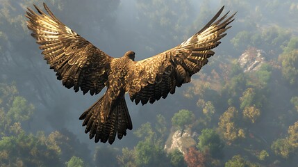 A majestic bird of prey soaring over a lush, vibrant landscape.