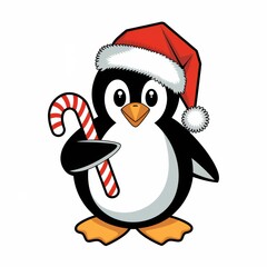 Naklejka premium Festive Penguin with Candy Cane and Santa Hat