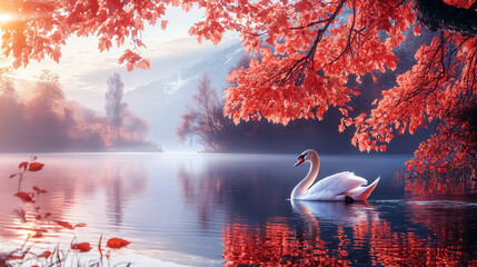Art Beautiful Landscape with Swan Floating on the Lake: A picturesque landscape featuring a swan floating gracefully on a calm lake, creating a serene and artistic scene.