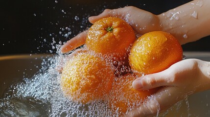 A woman hand washing fresh oranges under running water, capturing the vibrancy of the fruit and the careful process of cleaning