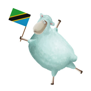 recommend clip art: Funny cartoon sheep with flag of Tanzania. Bright clip art on white background