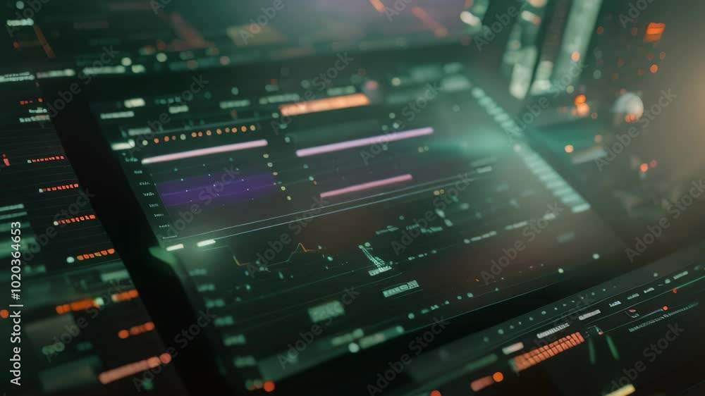 Poster close-up view of a digital screen displaying cryptocurrency market data with fluctuating trends, cap