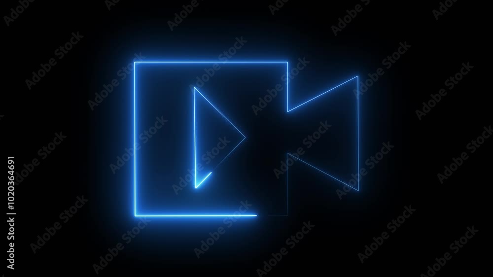 Poster animated play button on screen. animation play button blue color icon black background.