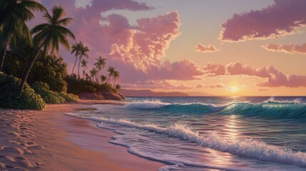 A serene beach scene at sunset, with gentle waves lapping against the shore, palm trees swaying in the breeze