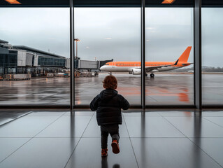 Child watching an airplane from an airport window, symbolizing travel, exploration, and the excitement of adventure