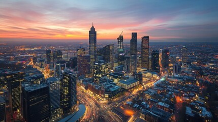 Obraz premium vibrant city skyline at dusk, with twinkling lights and busy streets, capturing the essence of urban life