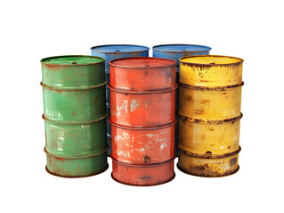 Rusty Metal Oil Barrels in Various Colors Industrial Storage