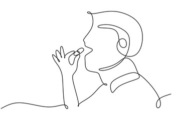 Individual Taking Medicine in One Line Drawing. Simple healthcare concept, capsule consumption illustration.