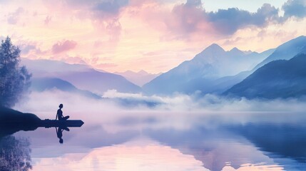 A tranquil yoga session by a peaceful lakeside at dawn