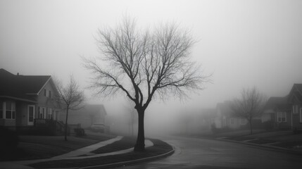 Naklejka premium A Foggy Street with a Lone Tree and Houses