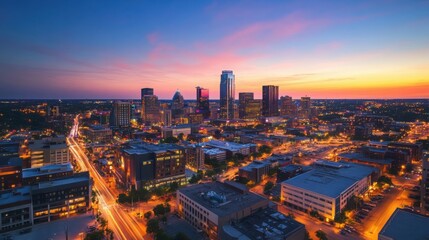 Fototapeta premium vibrant city skyline at dusk, with twinkling lights and busy streets