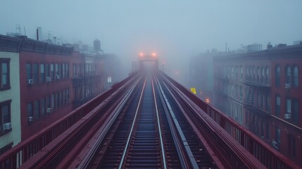 Fototapeta premium A Foggy Train Track Leading Through Urban Buildings