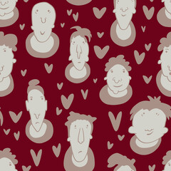 Seamless background with funny faces of anthropomorphic creatures. Humorous characters with different emotions