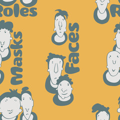 Seamless background with funny faces of anthropomorphic creatures. Humorous characters with different emotions