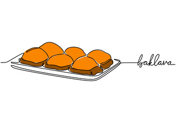 Baklava in continuous line drawing. Middle Eastern food illustration on a white background.