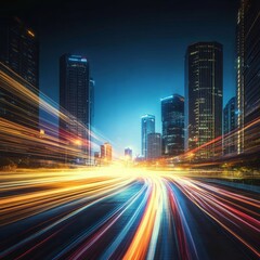 Urban Night Traffic Trails On Evening Highway, Cityscape Panorama View With Light Streaks From Cars