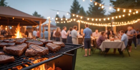 Smoky outdoor grill with grilled meats , with a blurred background of people gathered around a festive outdoor event with string lights