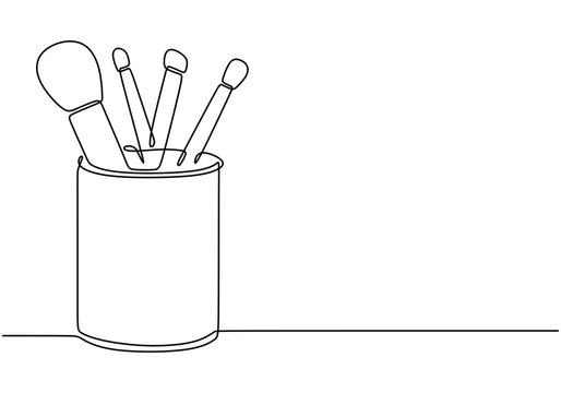 recommend clip art: Continuous line drawing of makeup brushes in a box. Illustration for beauty and fashion concepts.
