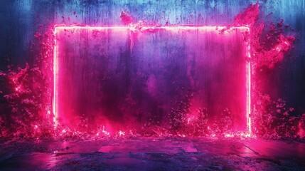 Glowing Neon Frame Surrounded by Pink Flames on a Grungy Wall