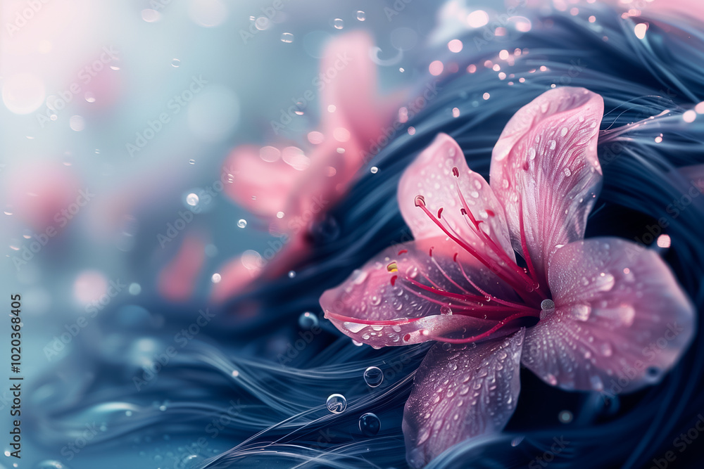 Wall mural Delicate strands of hair flow beautifully, interspersed with vibrant pink flowers. Water droplets glisten gently, creating a serene atmosphere that invites calm and relaxation