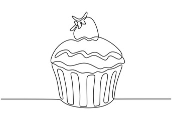 Continuous line drawing of muffin cake with strawberry. Food and drink concept design.