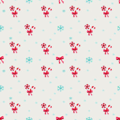 Watercolor seamless pattern with Christmas, New Year elements on a colored background. Snowflakes, sweets, bows. Hand-drawn watercolor illustration.