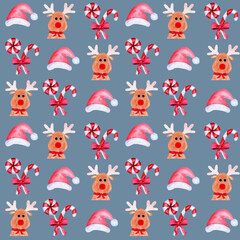 Watercolor seamless pattern with Christmas, New Year elements on a colored background. Santa's hats, sweets, deer. Hand-drawn watercolor illustration.