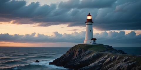 A lighthouse standing on a rocky cliff against a dramatic cloudy sky at sunset