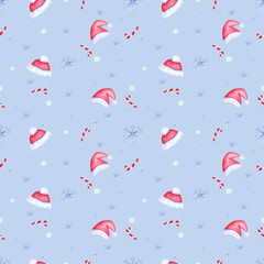 Watercolor seamless pattern with Christmas, New Year elements on a colored background. Sweets, Santa hats. Hand drawn watercolor illustration.