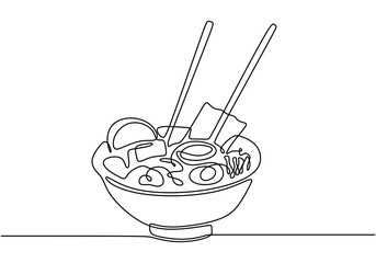 Ramen noodles depicted in continuous line drawing. Illustration for delicious Asian food concepts.