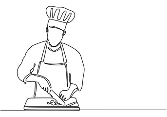 Chef cooking in the kitchen illustrated in continuous line drawing. Food and drink concept design.