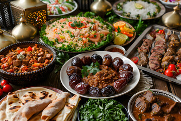 Fototapeta premium Beautifully arranged Ramadan Iftar feast with traditional Arabian dishes and plump dates for breaking fast