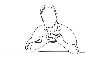 Man eating a burger depicted in continuous line drawing. Design for food and drink concepts.