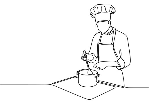recommend clip art: Continuous line drawing of a chef cooking in the kitchen. Illustration for food and drink concepts.